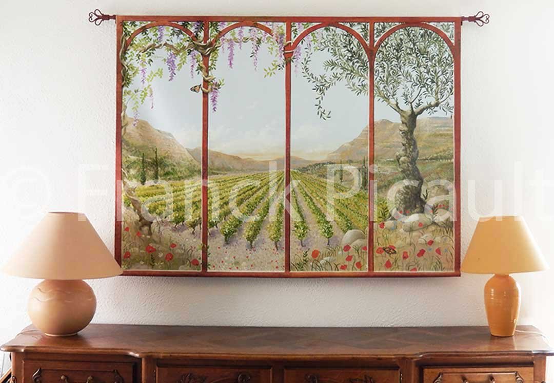 Trompe l'oeil vignes, peinture sur toile