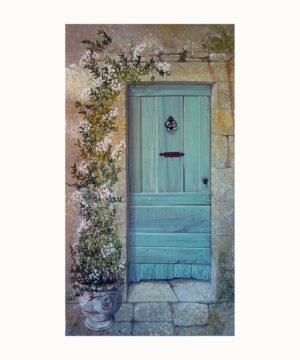 Peinture d’une porte bleu-vert au jasmin avec vase d’Anduze – Franck Picault