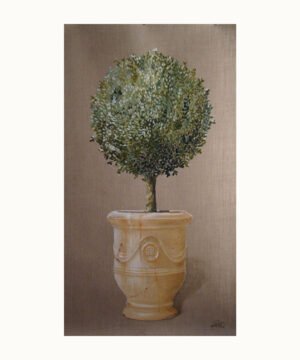 Peinture d’un buis en topiaire dans un vase d’Anduze – Franck Picault
