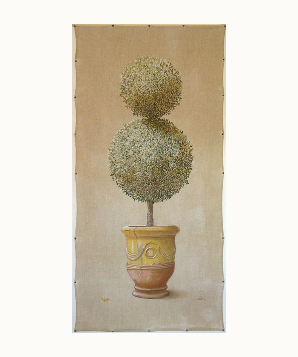 Buis en topiaire dans un vase d’Anduze en trompe-l’œil avec faux clous – Franck Picault