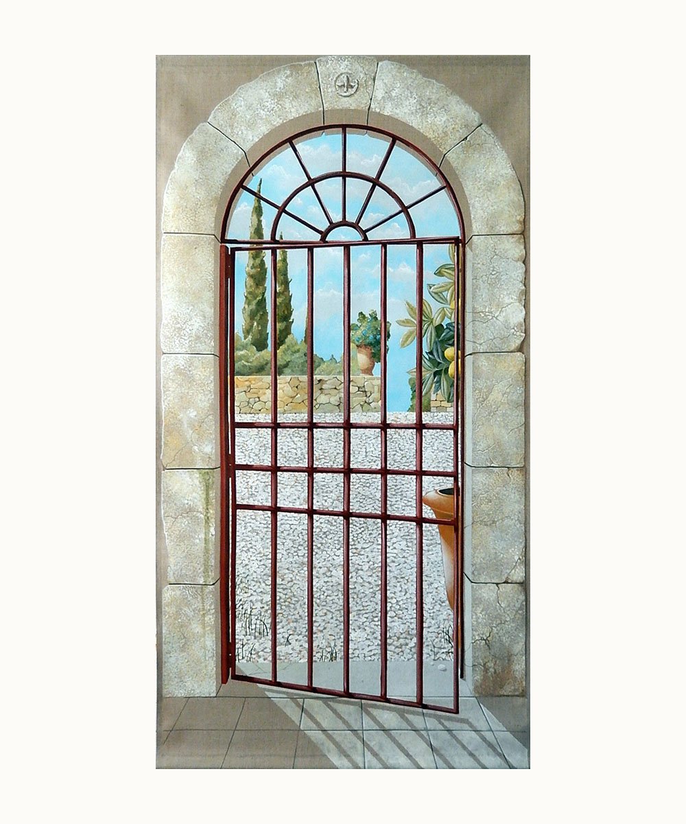Porte à grille rouillée en trompe-l’œil ouverte sur un paysage méditerranéen – Franck Picault