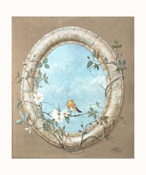 Œil-de-bœuf ovale en trompe-l’œil avec rouge-gorge et aubépine – Franck Picault