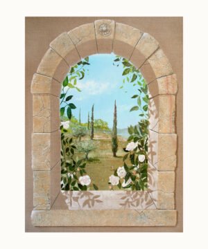 Fenêtre en pierre en trompe-l’œil ouverte sur un paysage de cyprès et de roses blanches - Franck PICAULT