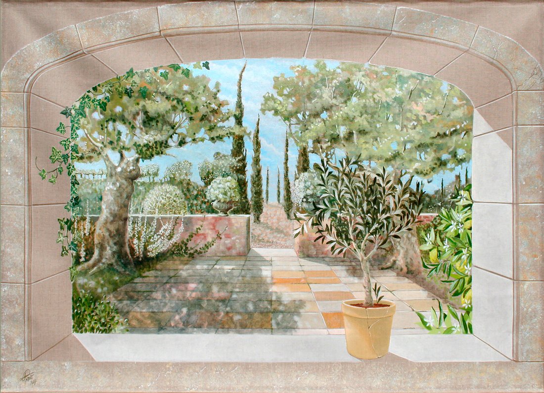 enêtre en pierre en trompe-l’œil ouverte sur un jardin de platanes, olivier et citronnier - Franck PICAULT