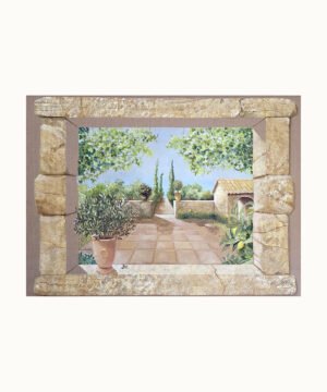 Fenêtre en pierre en trompe-l’œil ouverte sur un jardin provençal avec olivier, citronnier et cyprès - Franck PICAULT
