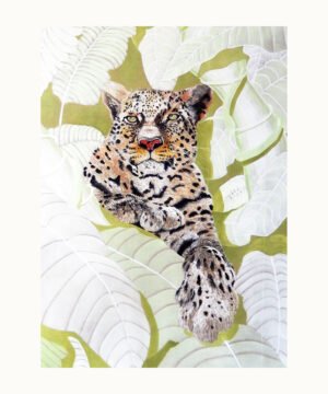 Peinture d’une panthère dans la jungle parmi de larges feuillages – Franck Picault