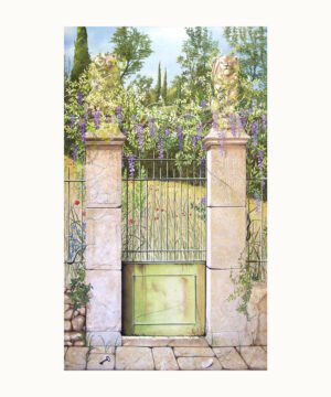 Peinture Paradis inaccessible IV, portail sur un jardin avec clé, pièce et plume d’ange – Franck Picault