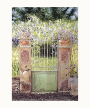 Peinture Paradis inaccessible III, portail ancien ouvrant sur un jardin fleuri – Franck Picault