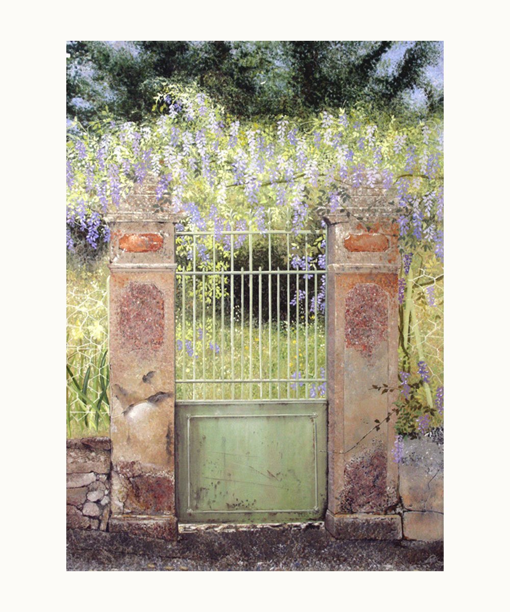 Peinture Paradis inaccessible III, portail ancien ouvrant sur un jardin fleuri – Franck Picault