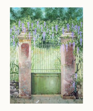 Peinture Paradis inaccessible I, portail donnant sur un jardin luxuriant – Franck Picault