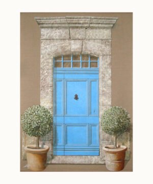 Peinture d’une porte bleue aixoise avec deux topiaires de buis – Franck Picault
