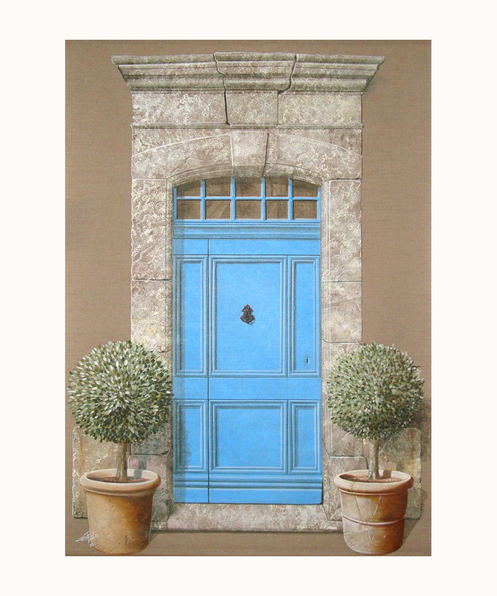 Peinture d’une porte bleue aixoise avec deux topiaires de buis – Franck Picault