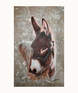 L’Âne Anastase – portrait réaliste d’un âne sur fond gris texturé