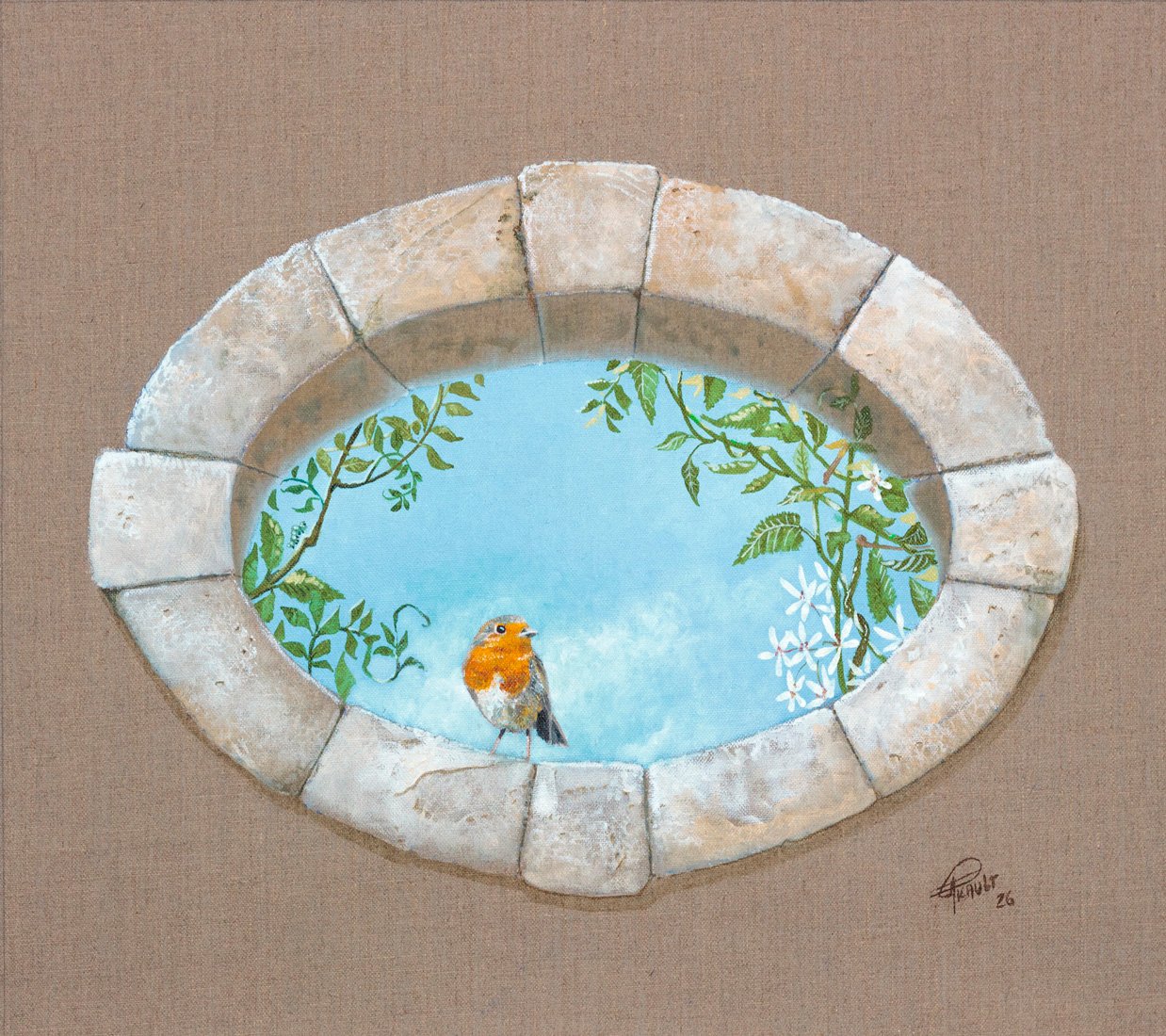 Œil-de-bœuf en trompe-l’œil avec rouge-gorge, jasmin et ciel bleu – Franck Picault
