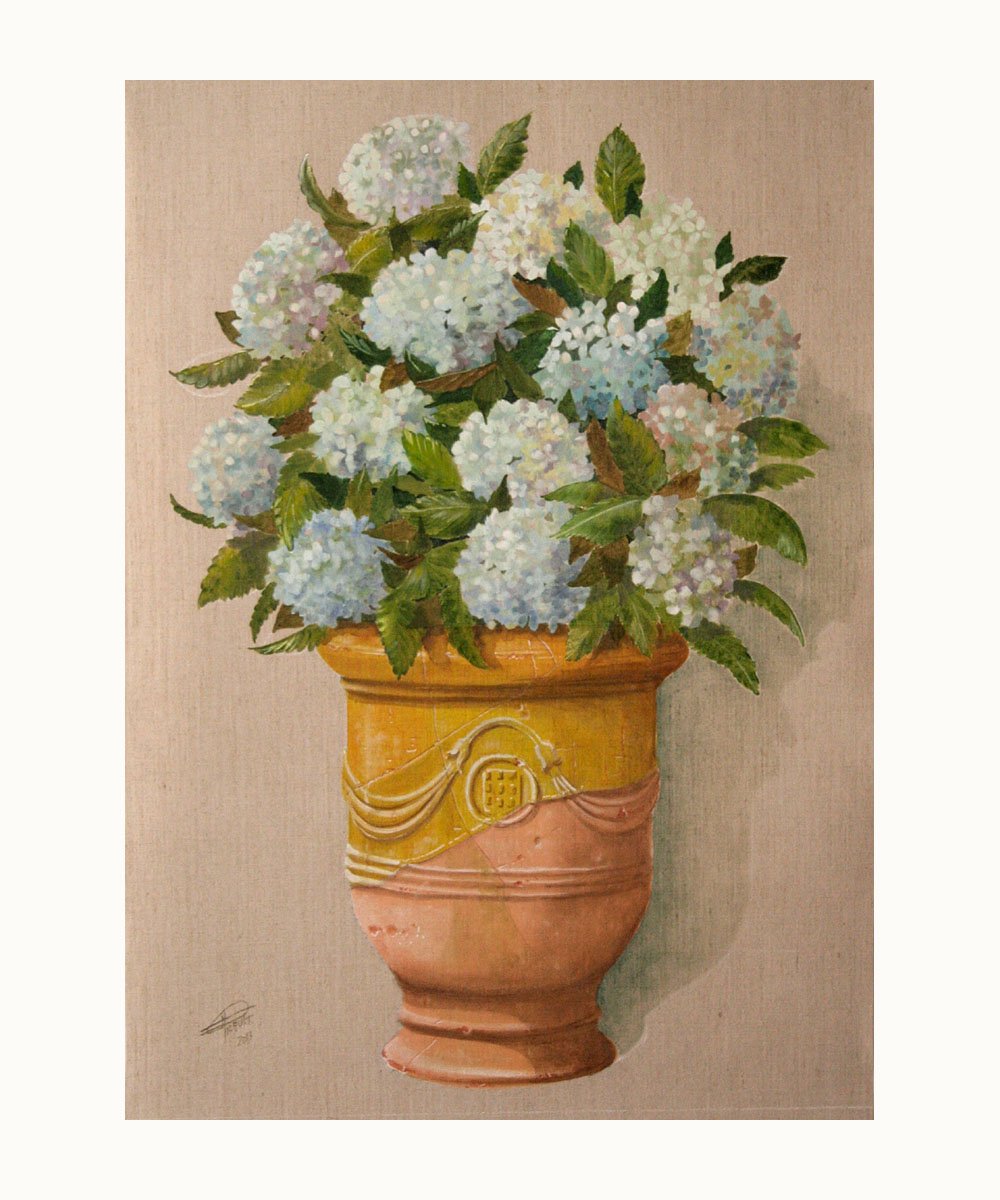 Hortensias au vase d’Anduze – peinture de Franck Picault