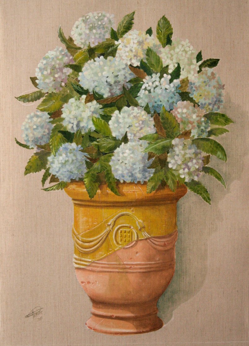 Hortensias au vase d’Anduze – peinture de Franck Picault